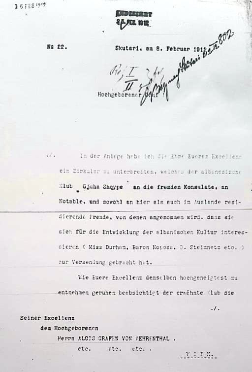 Faksimile e telegramit të 8 shkurtit 1912 ku bëhet fjalë për projektin e një biblioteke kombëtare në Shkodër