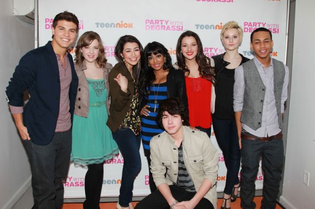 Actors, clockwise from left, Luke Bilyk, Aislinn Paul, AlexSteeler, Melinda Shankar, Annie Clark, Jordan Todosey, Jahmil French and Munro Chambers from "Degrassi: The Next Generation," are shown at a screening event, Saturday, Feb. 18, 2012, at the Wellmont Theater in Montclair, N.J., for their show premiering Feb. 20, at 9 p.m. EST on TeenNick. (AP Photo/StarPix, Dave Allocca)