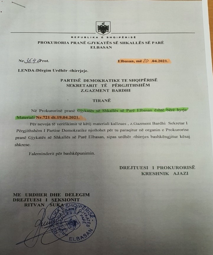 letra prokurorit Elbasan