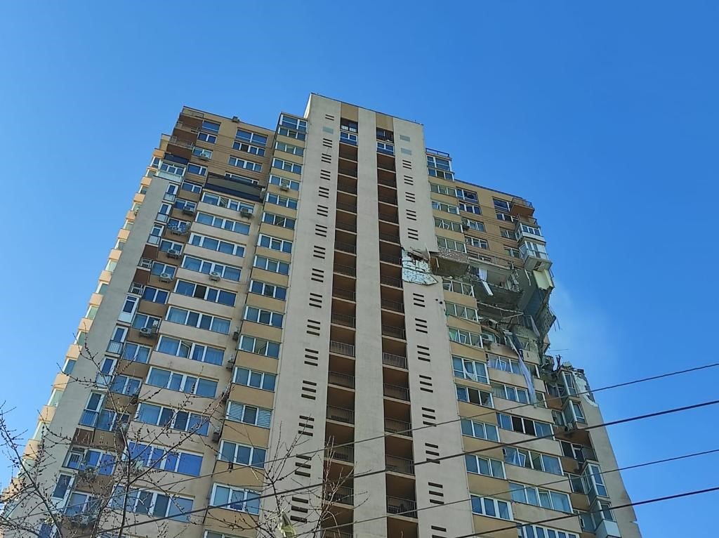 Building struck by missile or rocket. Ukrainian Interior Ministry in Kyiv