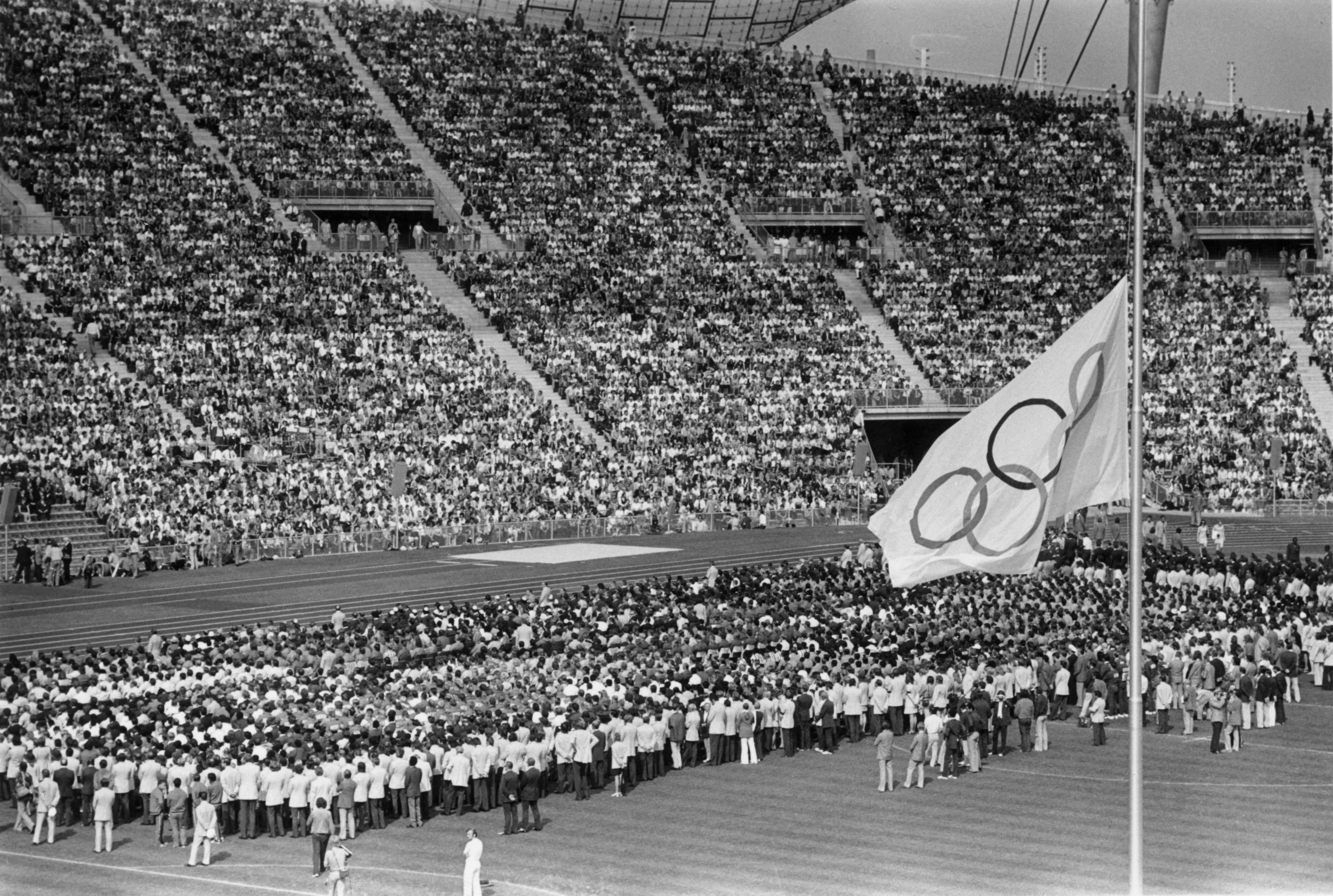6th September 1972: The Olympic flag flying at half-mast in the Olympic Stadium in Munich during the memorial service for the Israeli athletes who were killed by Arab terrorists the previous day. (Photo by Keystone/Getty Images)