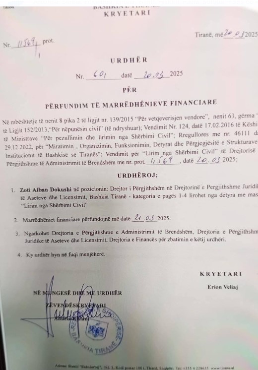 Shkresa për shkarkimin e Alban Dokushit