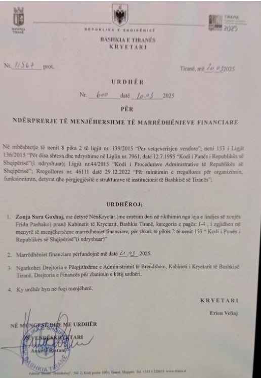 Shkresa për shkarkimin e Sara Goxhajt