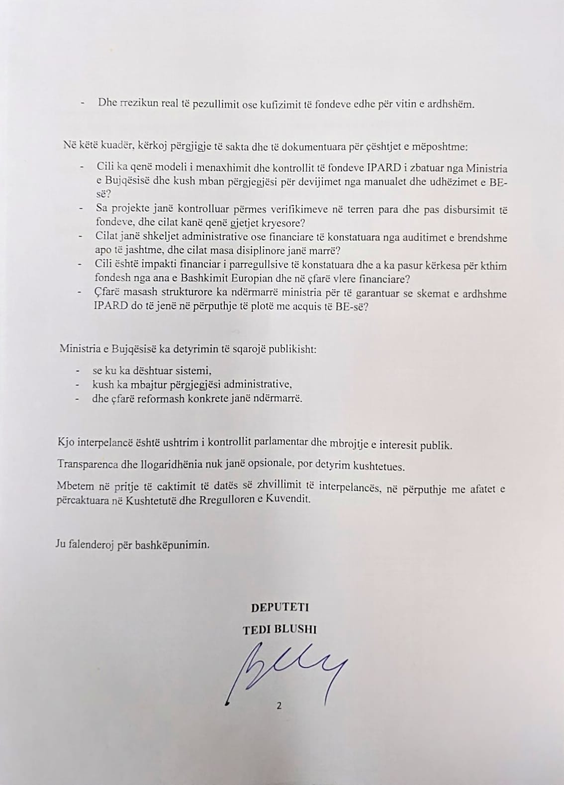 Shkresa drejtuar Kryetarit të Kuvendit