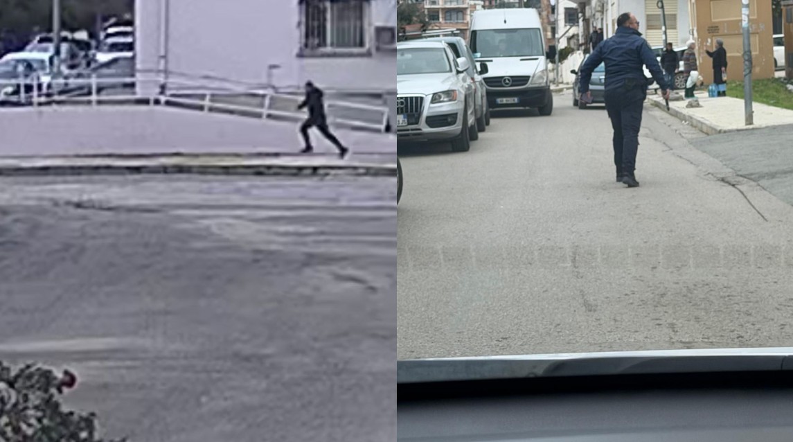 Altin Ndoci duke u larguar me vrap dhe polici me armë në dorë
