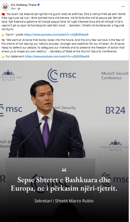 Postimi i plotë i Ambasadës së SHBA
