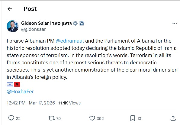 Postimi i ministrit izraelit