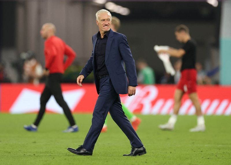 Soccer Football - FIFA World Cup Qatar 2022 - Group D - France v Denmark - Stadium 974, Doha, Qatar - November 26, 2022 France coach Didier Deschamps celebrates after the match REUTERS/Carl Recine