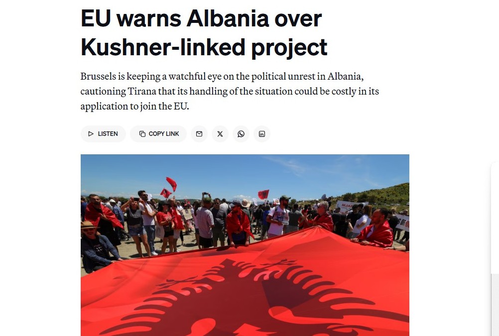 Politico  BE paralajmëron Shqipërinë  projekti i Zvërnecit mund të rrezikojë anëtarësimin në Union 
