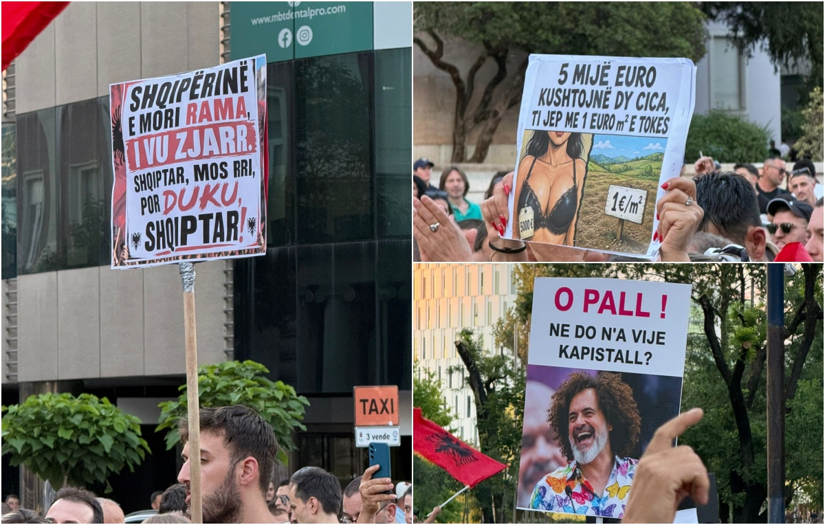 FOTOLAJM   Shqipërinë e mori Rama i vu zjarr    Pankartat epike në protestë  5 mijë euro kushtojnë dy cica  ti jep me 1 euro m² e tokës  Tak tak  hape derën   