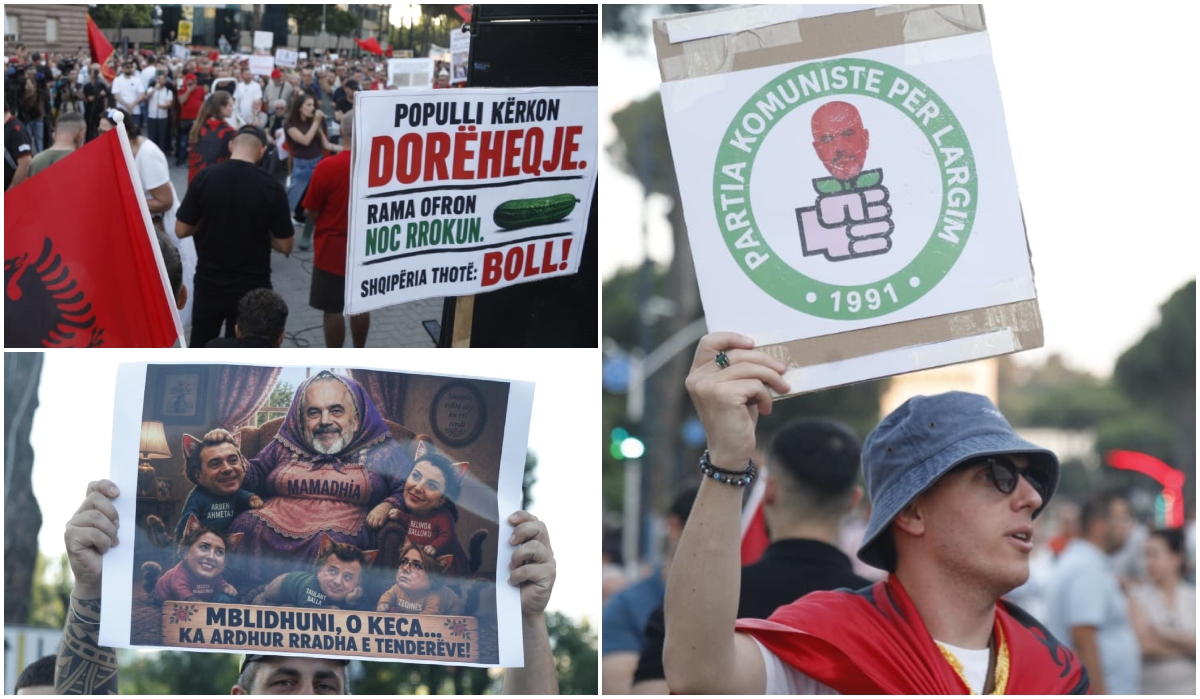 FOTOLAJM   Rama n burg  Balluku n burg    Ironia therëse me pankartat  Populli kërkon dorëheqjen  Rama  Noc Rrokun  PS  Partia Komuniste në Largim