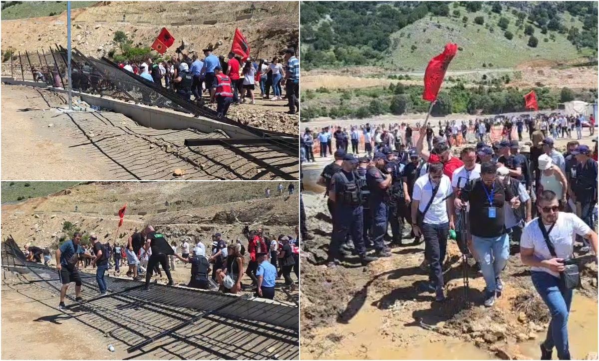 VIDEO  Protesta kundër resortit luksoz në Rrjoll  banorët shembin rrethimin prej hekuri dhe futen në kantier  Përplasje me policinë