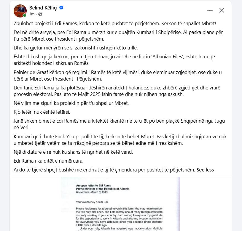  Rama kërkon pushtet të përjetshëm   Këlliçi publikon letrën nga  Dosjet shqiptare  drejtuar kryeministrit  Mos bëni 
