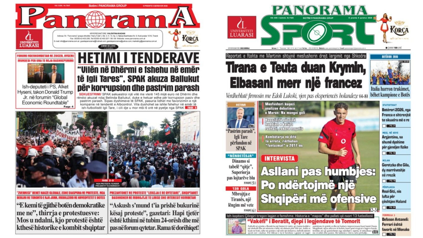 Lexoni faqen e parë të gazetës  Panorama  dhe  Panorama Sport 