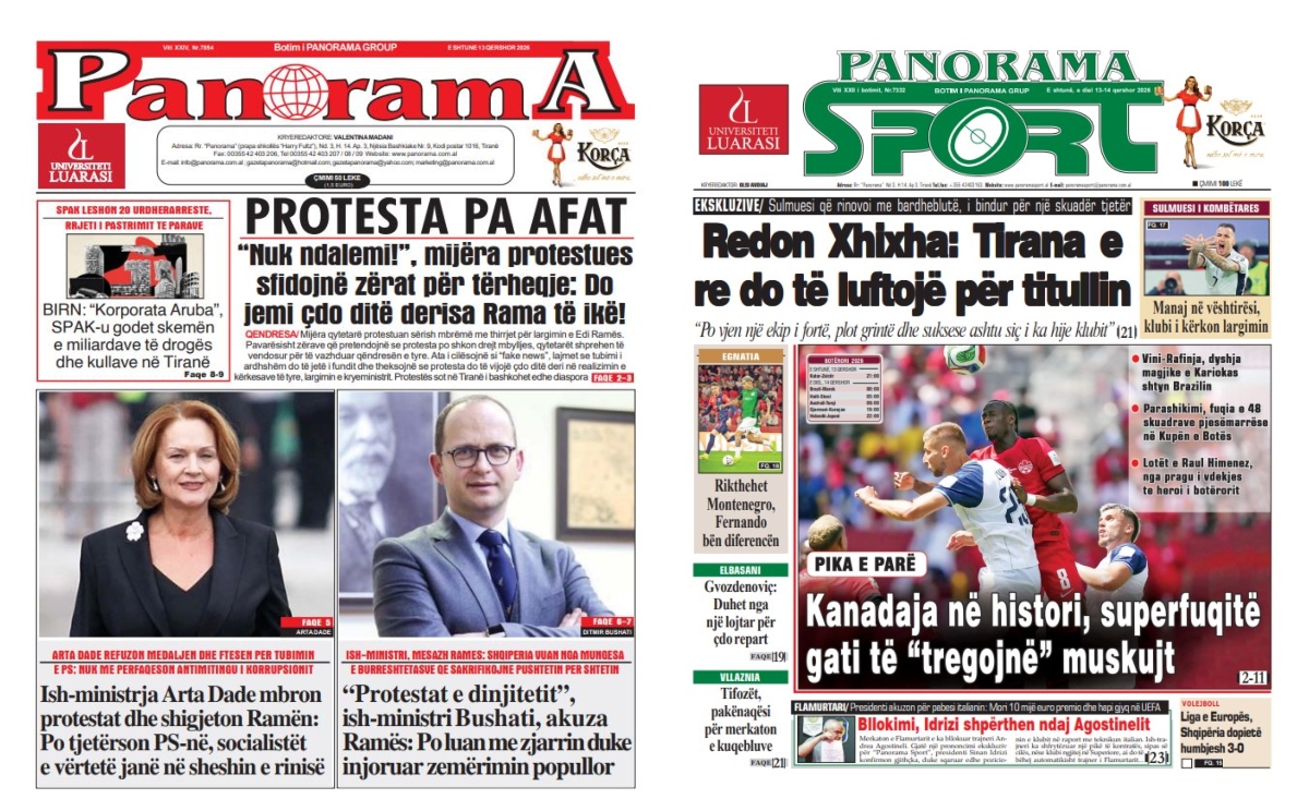 Lexoni faqen e parë të gazetës  Panorama  dhe  Panorama Sport 