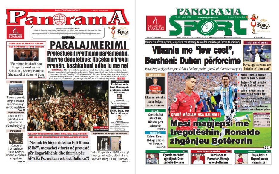Lexoni faqen e parë të gazetës  Panorama  dhe  Panorama Sport 