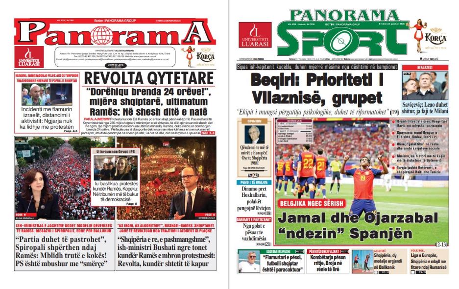 Lexoni faqen e parë të gazetës  Panorama  dhe  Panorama Sport 