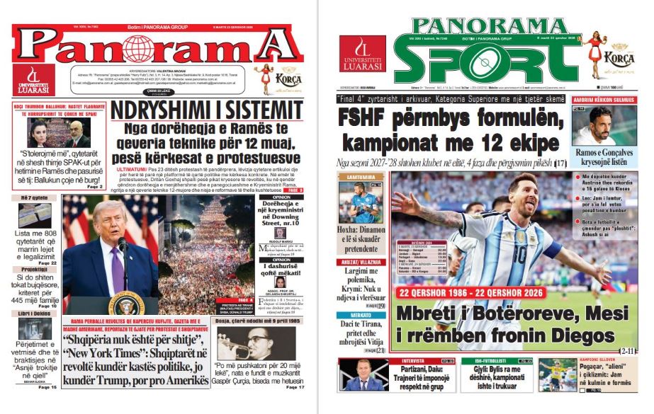 Lexoni faqen e parë të gazetës  Panorama  dhe  Panorama Sport 