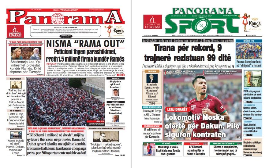 Lexoni faqen e parë të gazetës  Panorama  dhe  Panorama Sport 
