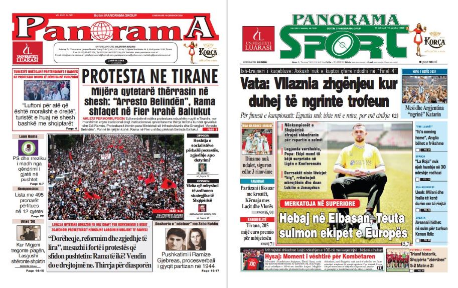 Lexoni faqen e parë të gazetës  Panorama  dhe  Panorama Sport 