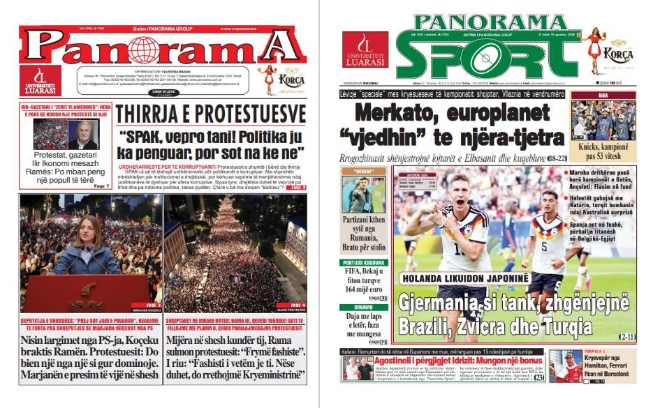 Lexoni faqen e parë të gazetës  Panorama  dhe  Panorama Sport 