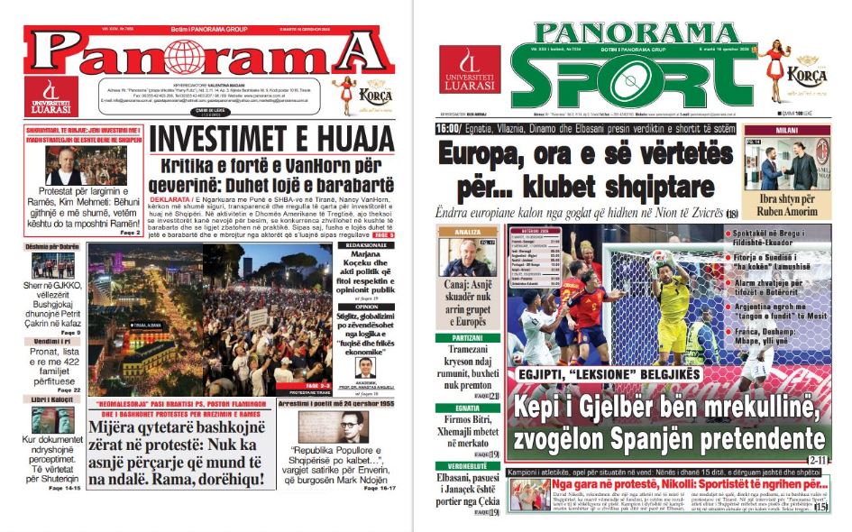 Lexoni faqen e parë të gazetës  Panorama  dhe  Panorama Sport 
