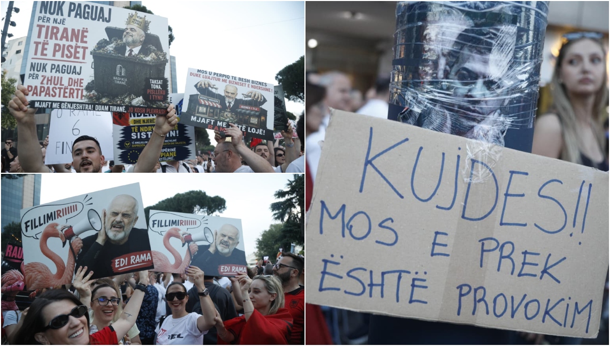 VIDEO FOTO  Protesta e 9 të për dorëheqjen e Kryeministrit  pankartat pikante nga mijëra qytetarë në shesh  Lali  lali o legen  prite Ramën se po vjen 
