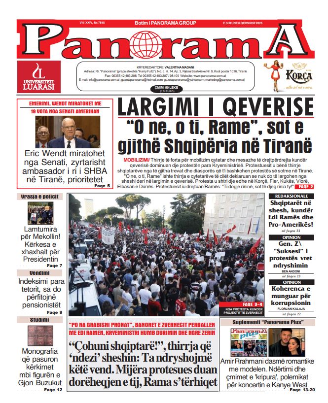 LEXO faqen e parë të Gazetës Panorama, datë 6 Qershor 2026